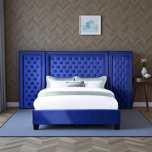Cleo Queen Bed, Velvet, XL 3 Panel Tall Headboard, Crystal Tufted, Blue
