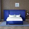 Cleo Queen Bed, Velvet, XL 3 Panel Tall Headboard, Crystal Tufted, Blue