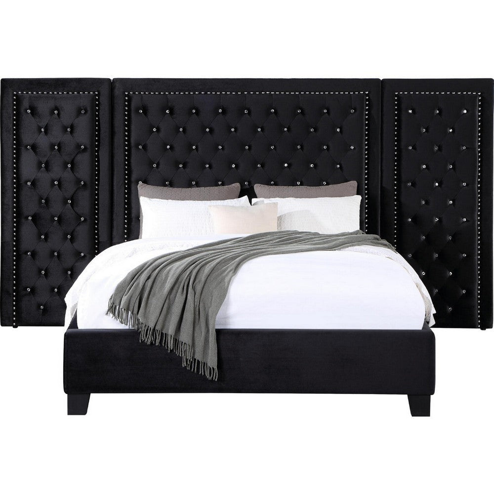 Cleo Luxury King Bed Velvet XL 3 Panel Headboard Crystal Tufted Black