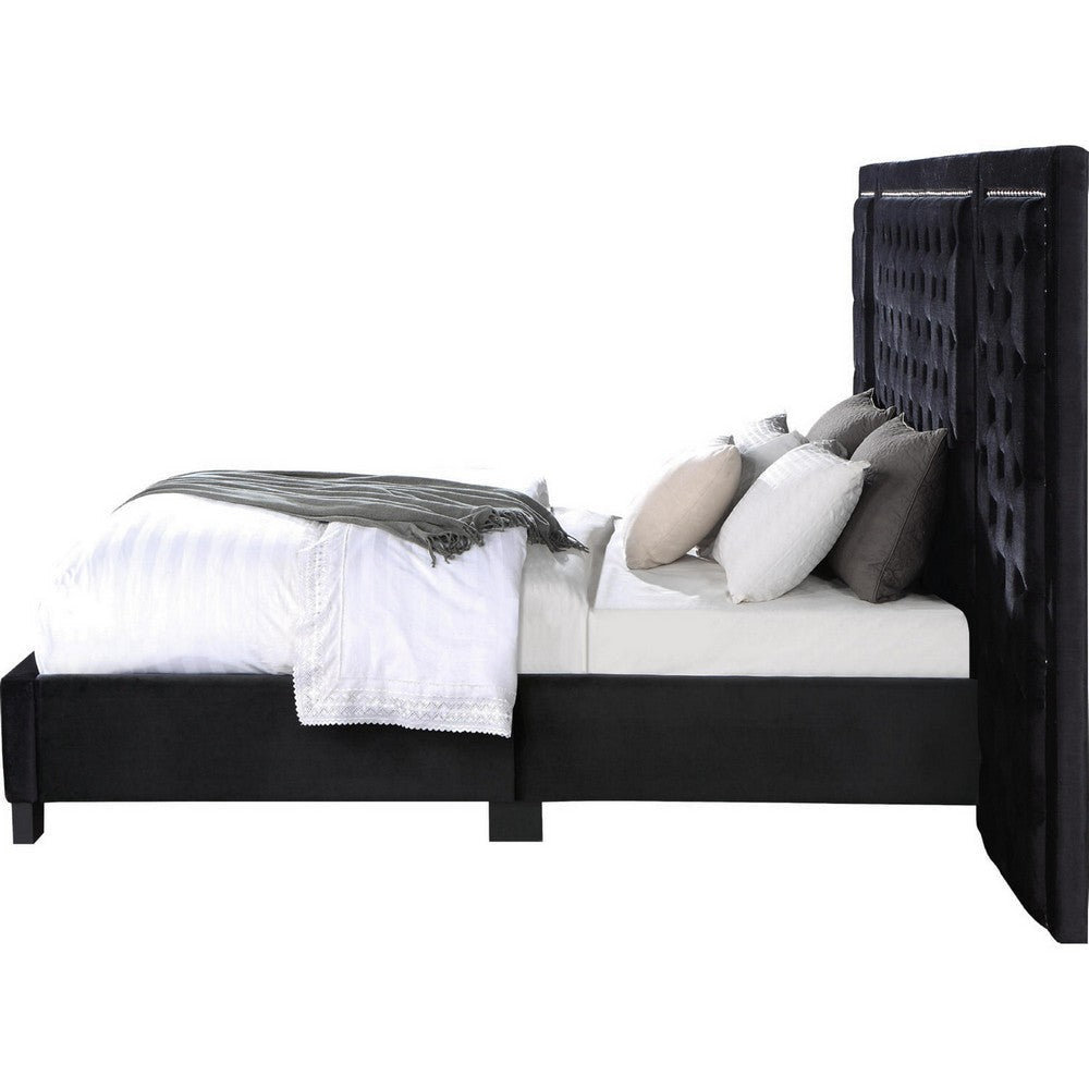 Cleo Luxury King Bed Velvet XL 3 Panel Headboard Crystal Tufted Black