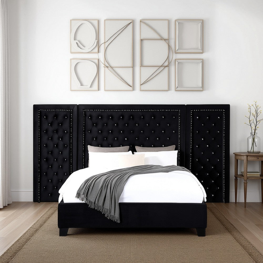 Cleo Luxury King Bed, Velvet, XL 3 Panel Headboard, Crystal Tufted, Black