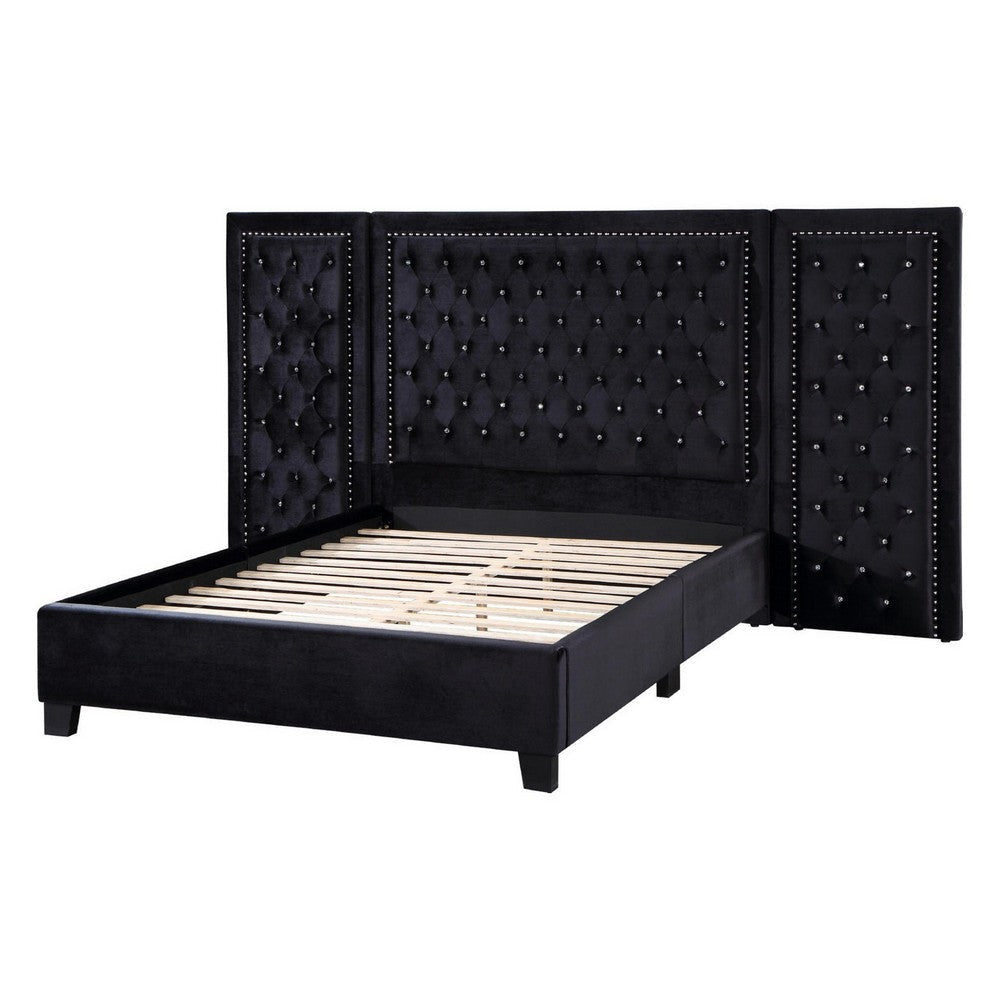 Cleo Luxury King Bed, Velvet, XL 3 Panel Headboard, Crystal Tufted, Black