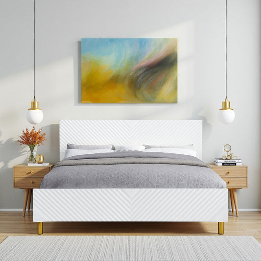 Tyra Modern Wood King Bed, Panel Headboard, Textured Chevron, White, Gold