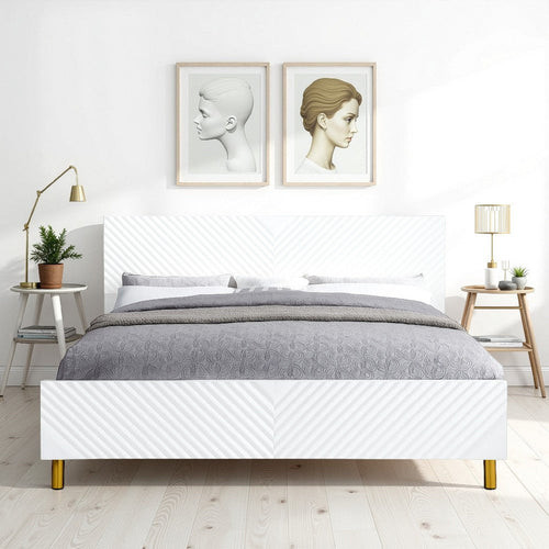 Tyra Modern Queen Bed, Panel Headboard, Luxury Textured Chevron, White Gold