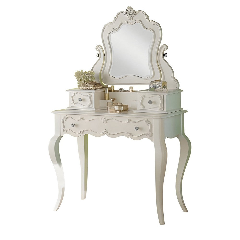 63 Inch Wood Classic Vanity Desk with Mirror 3 Drawers Carved White BM284042