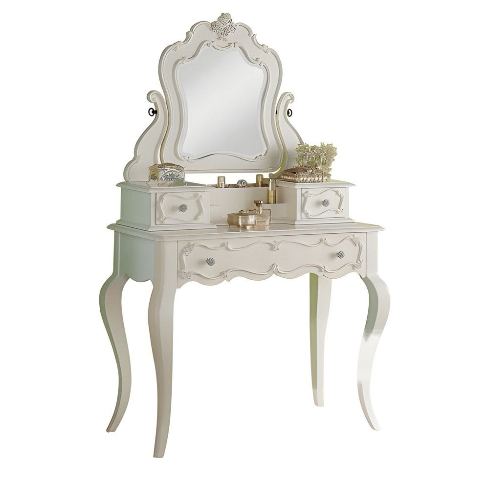 63 Inch Wood Classic Vanity Desk with Mirror 3 Drawers Carved White BM284042
