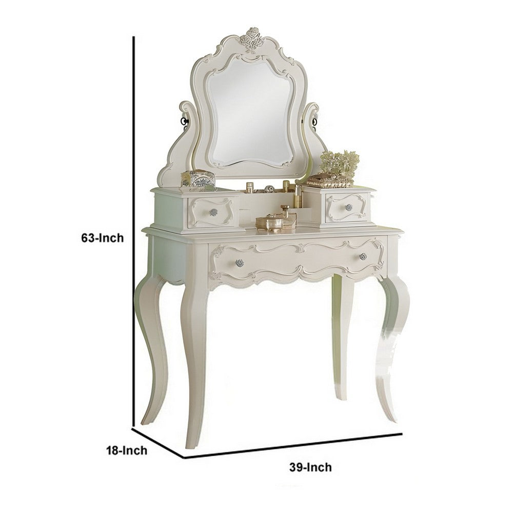 63 Inch Wood Classic Vanity Desk with Mirror 3 Drawers Carved White BM284042