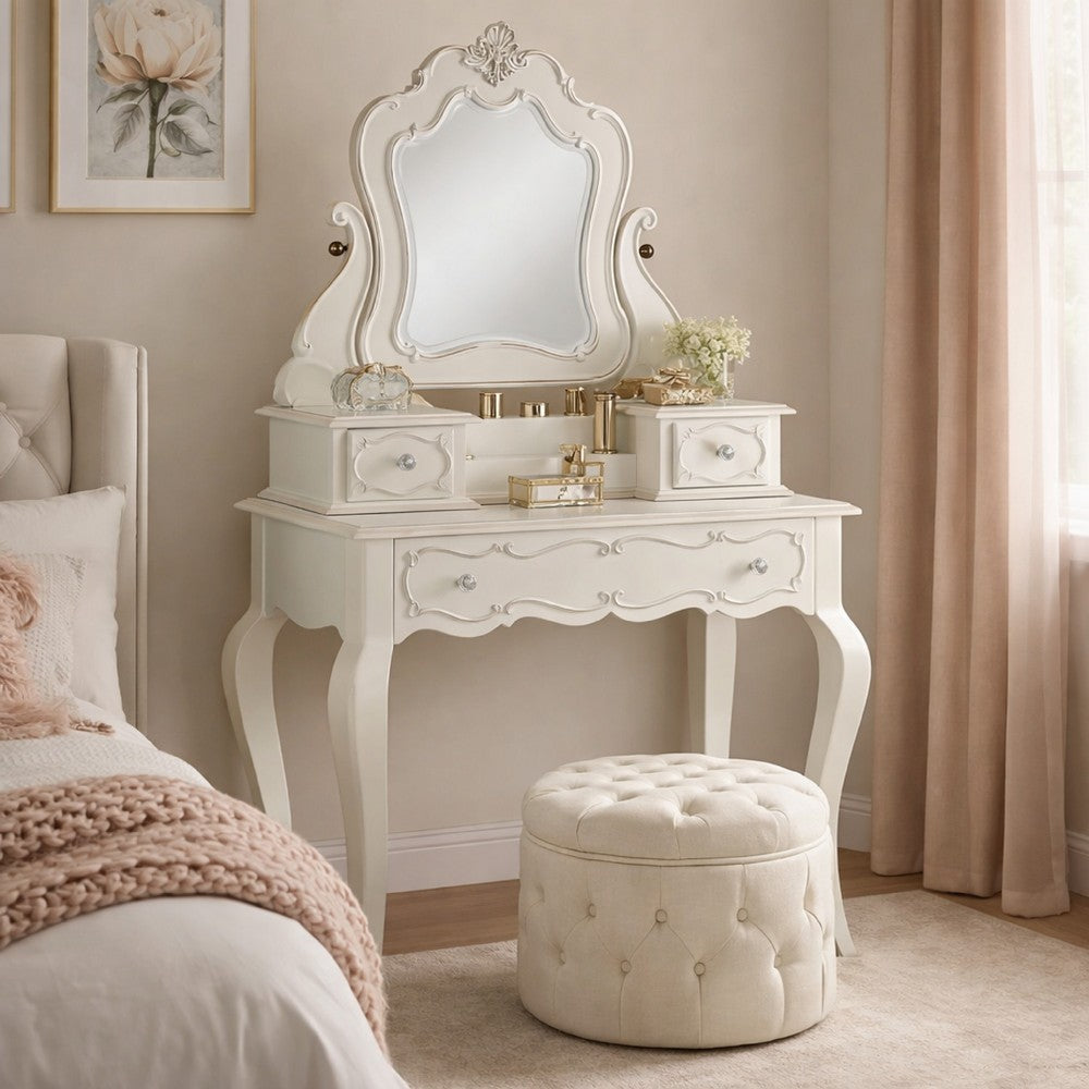 63 Inch Wood Classic Vanity Desk with Mirror, 3 Drawers, Carved, White