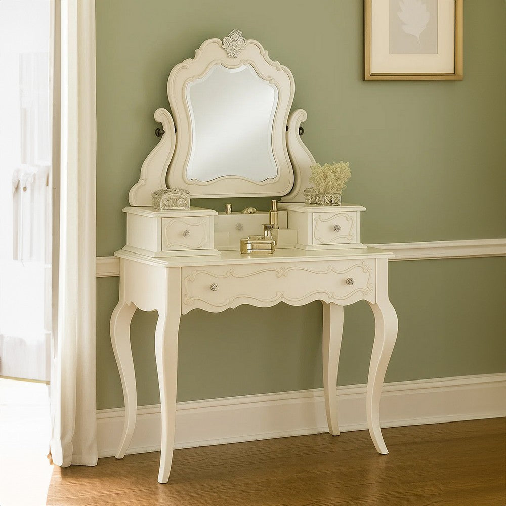 63 Inch Wood Classic Vanity Desk with Mirror 3 Drawers Carved White BM284042