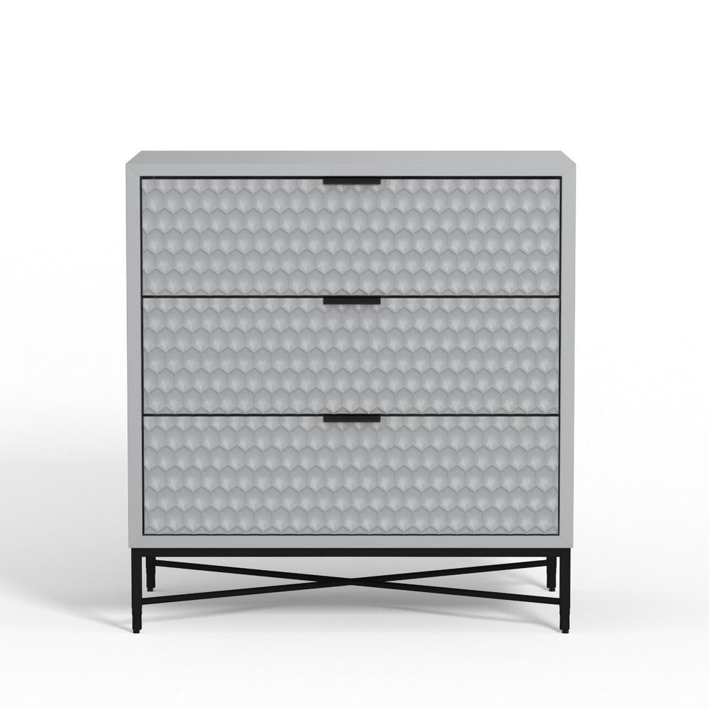 Rexi 34 Inch 3 Drawer Small Dresser Chest, Honeycomb, Light Gray, Black