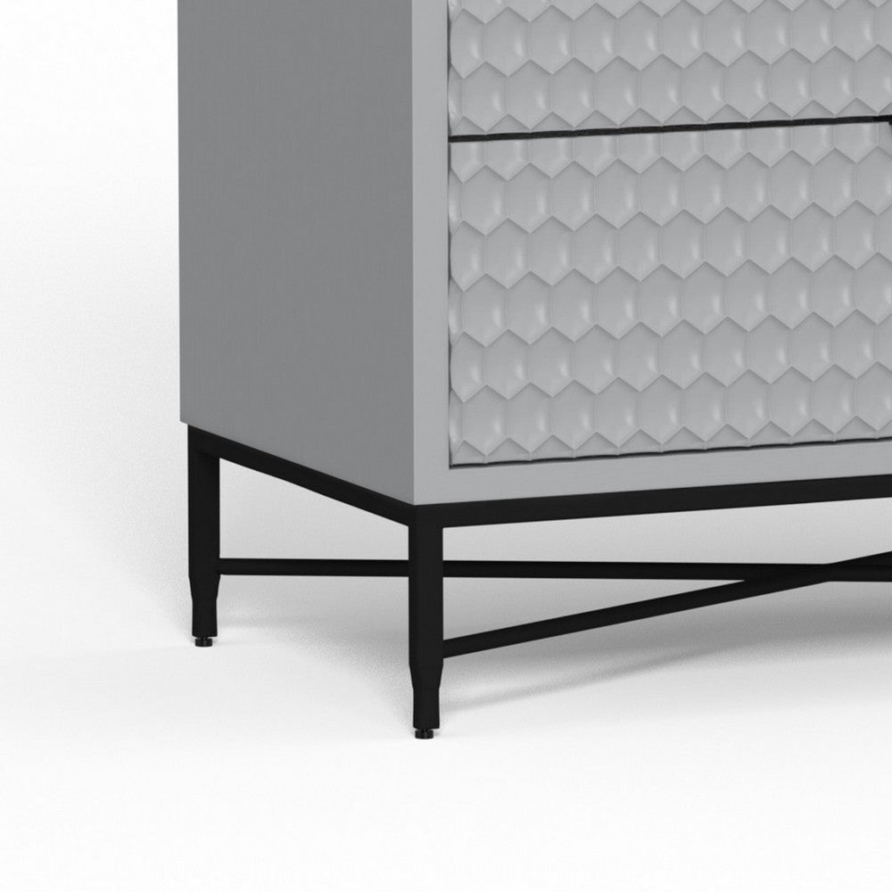 Rexi 34 Inch 3 Drawer Small Dresser Chest, Honeycomb, Light Gray, Black