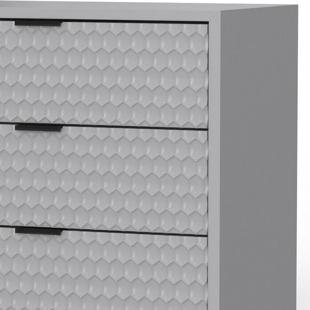 Rexi 34 Inch 3 Drawer Small Dresser Chest, Honeycomb, Light Gray, Black
