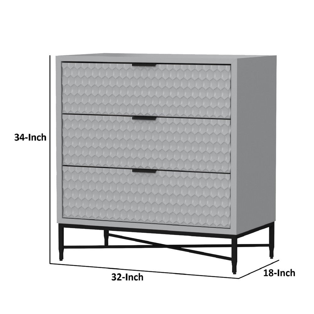 Rexi 34 Inch 3 Drawer Small Dresser Chest, Honeycomb, Light Gray, Black