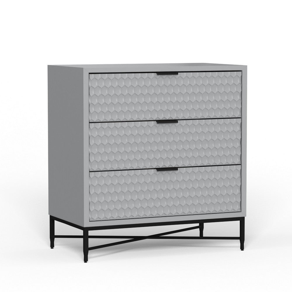 Rexi 34 Inch 3 Drawer Small Dresser Chest, Honeycomb, Light Gray, Black