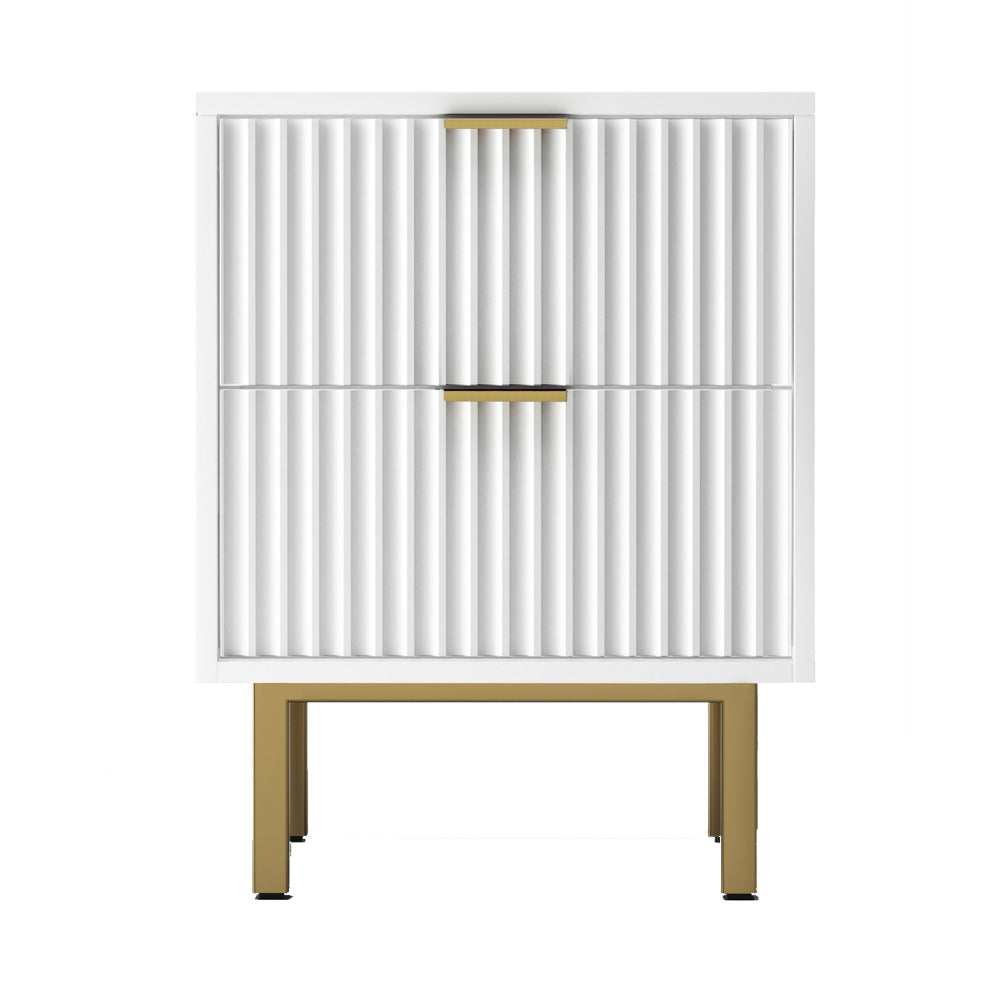 Beth 27 Inch 2 Drawer Nightstand, Corrugated, Mahogany Wood, White, Gold By Casagear Home