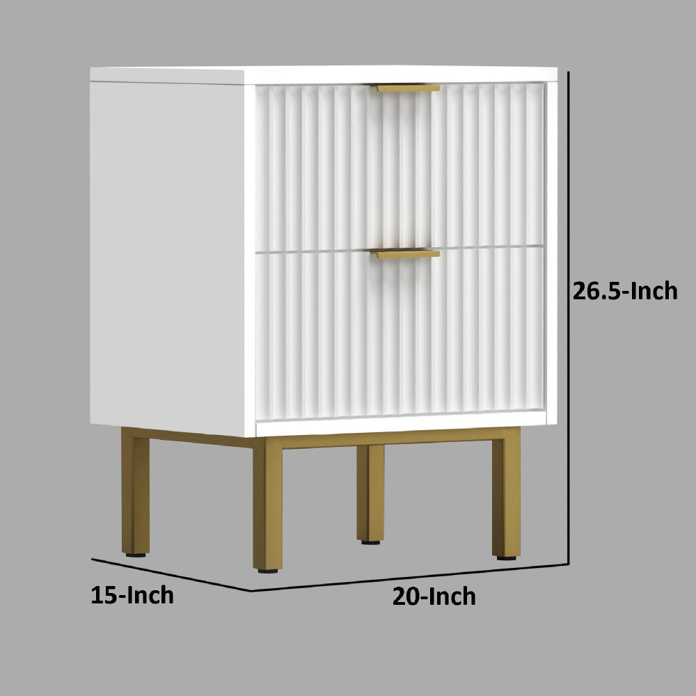 Beth 27 Inch 2 Drawer Nightstand, Corrugated, Mahogany Wood, White, Gold By Casagear Home