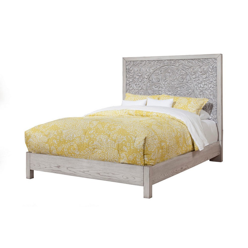 Ida California King Panel Bed, Elegant Floral Carved Headboard, Light Gray