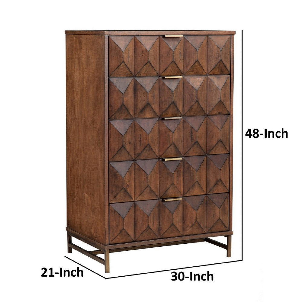 Ivy 48 Inch Tall Dresser Chest, 5 Drawers, Textured, Pine Wood, Dark Brown