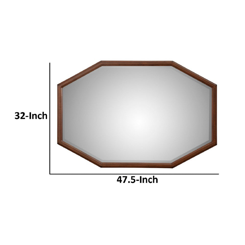 Ivy 48 Inch Wall Mirror, Long Octagon Shaped Pine Wood Frame, Dark Brown