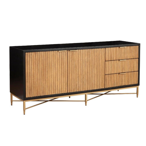 Eli 56 Inch 7 Drawer Dresser, Corrugated, Mahogany Wood, Black, Gold, Brown