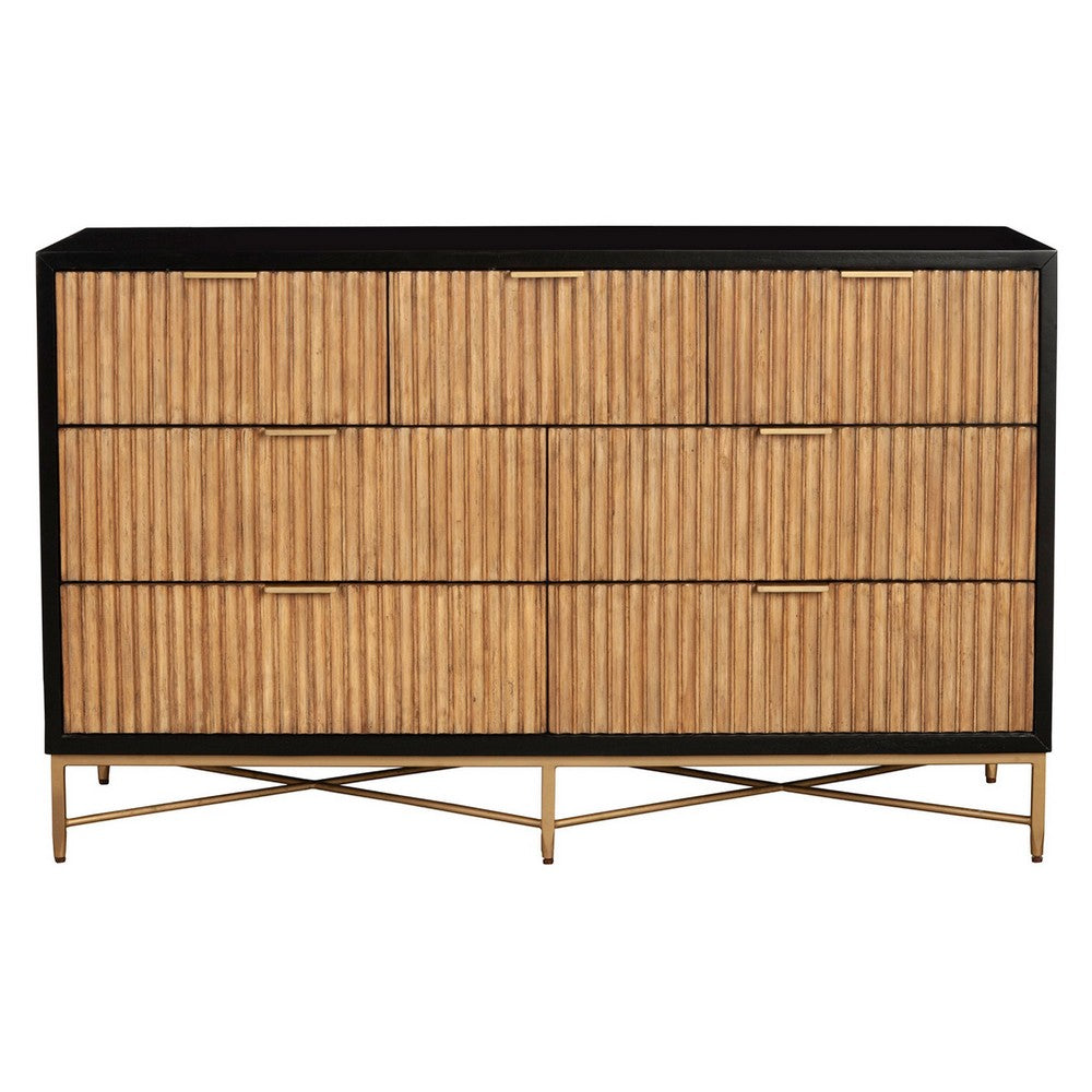 Eli 56 Inch 7 Drawer Dresser, Corrugated, Mahogany Wood, Black, Gold, Brown