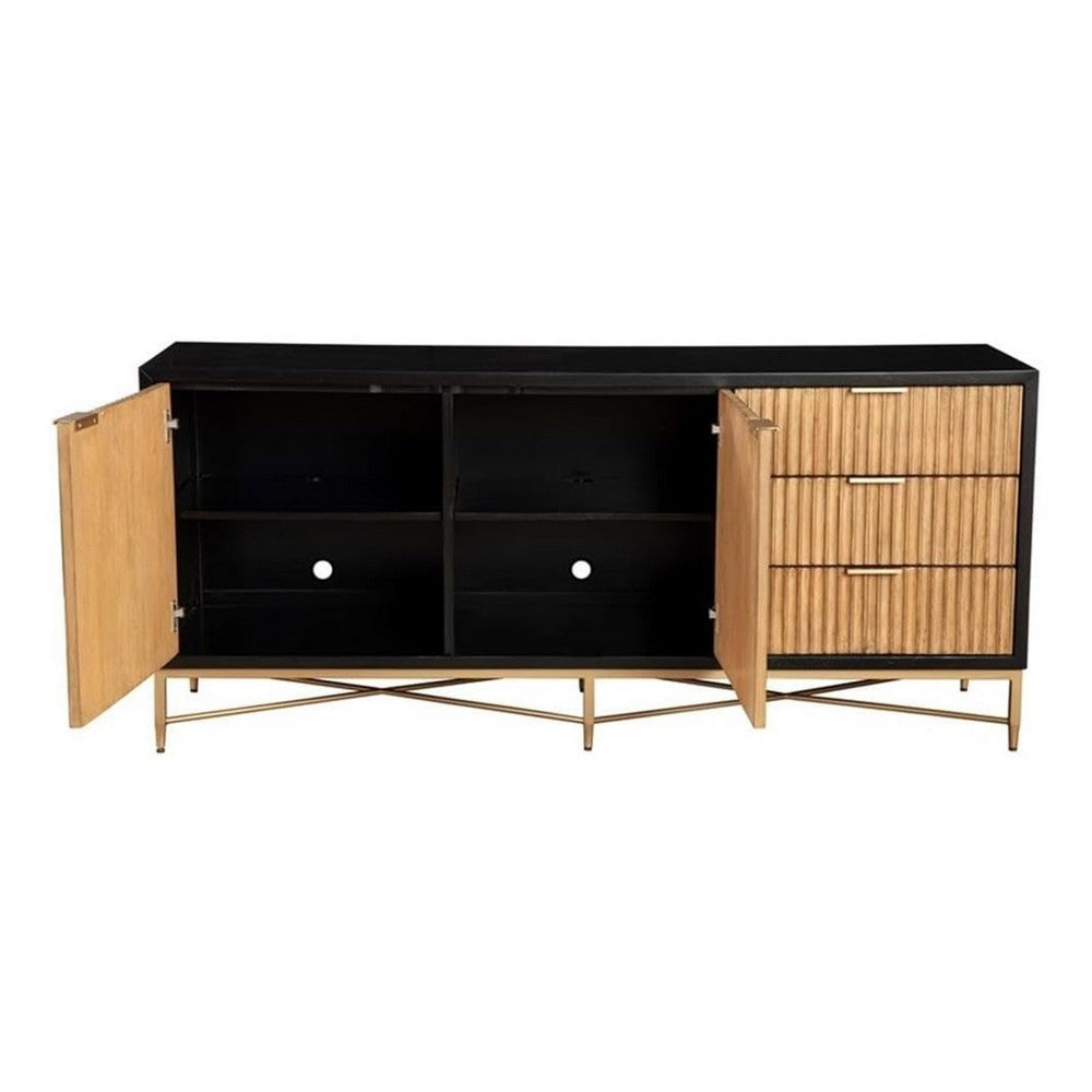 Eli 56 Inch 7 Drawer Dresser, Corrugated, Mahogany Wood, Black, Gold, Brown