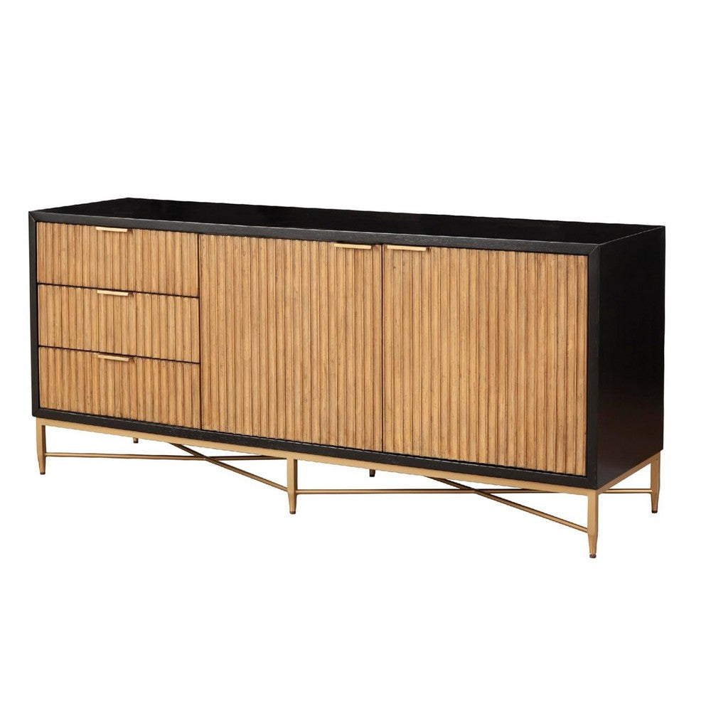 Eli 56 Inch 7 Drawer Dresser, Corrugated, Mahogany Wood, Black, Gold, Brown
