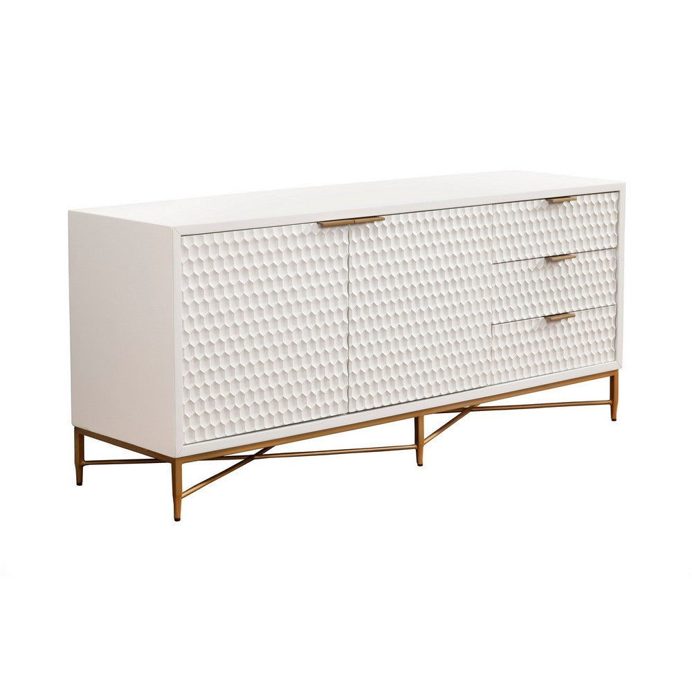 Rexi 64 Inch TV Media Entertainment Center Console, 3 Drawers, White, Gold