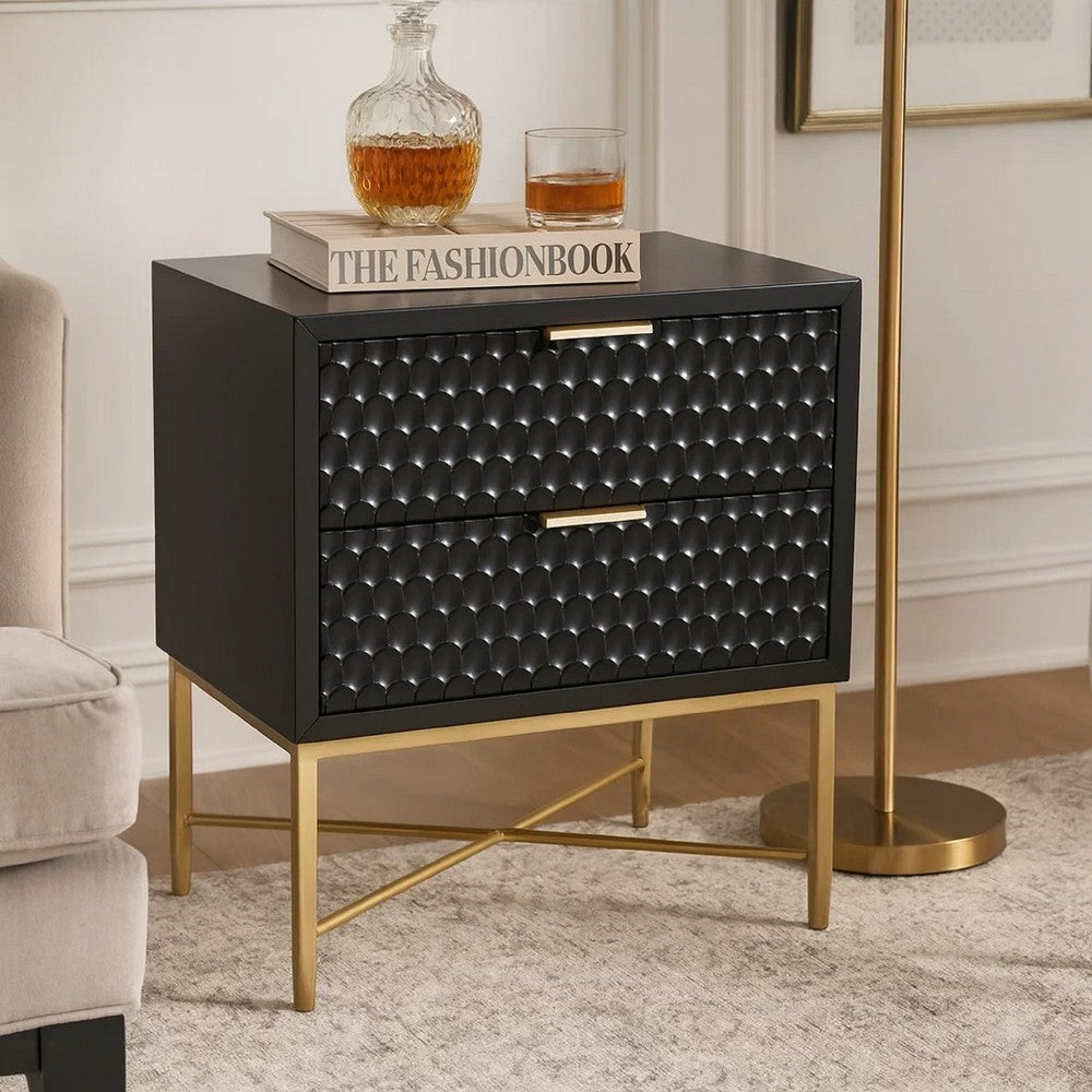 Rexi Nightstand | 26" | 2 Drawers | Honeycomb | Mahogany Wood | Black Gold