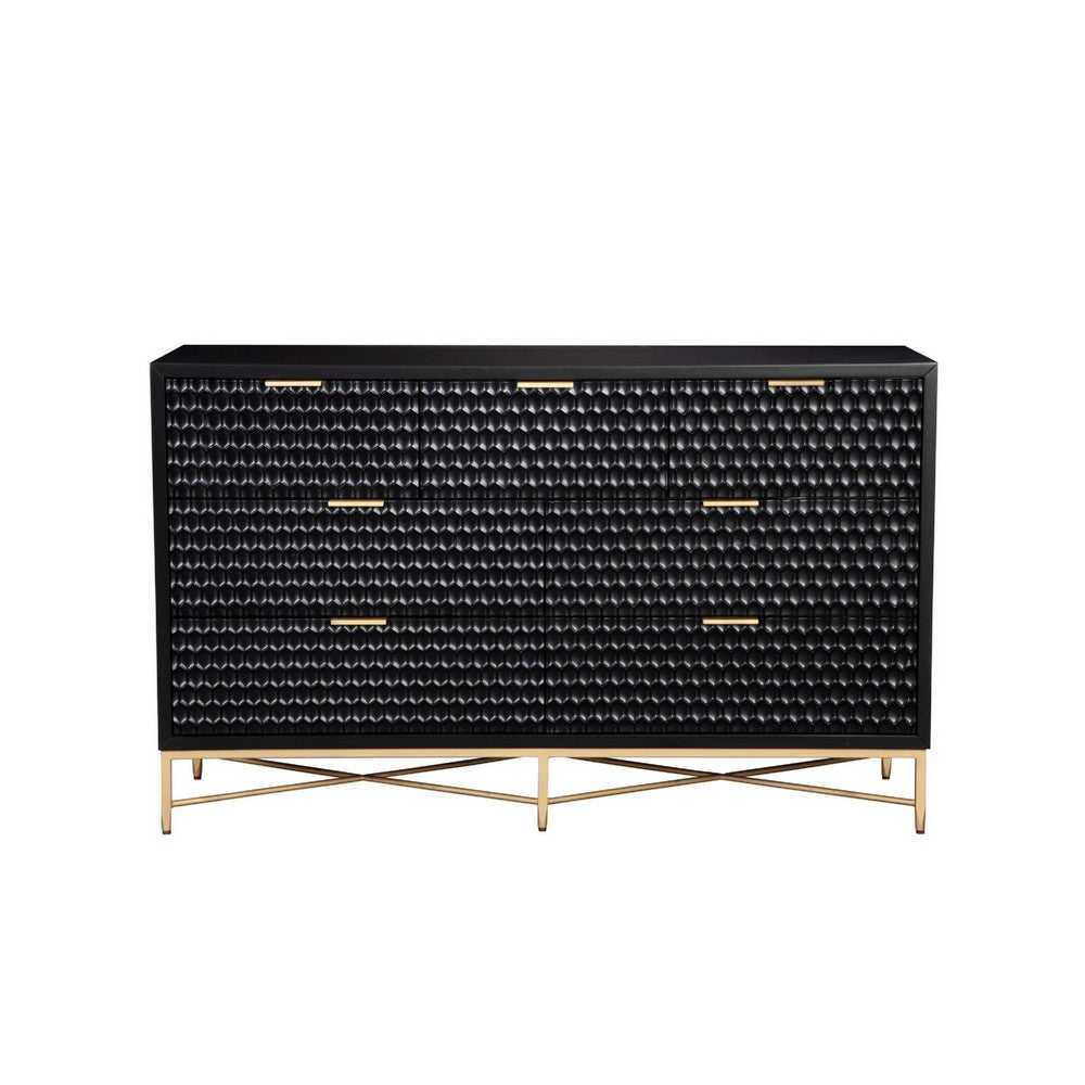 Rexi 56 Inch 7 Drawer Dresser, Honeycomb Pattern, Black Mahogany Wood, Gold