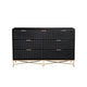 Rexi 56 Inch 7 Drawer Dresser, Honeycomb Pattern, Black Mahogany Wood, Gold