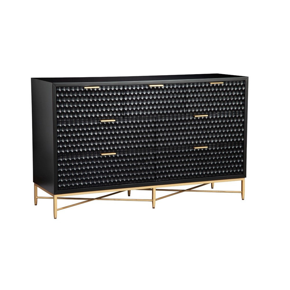 Rexi 56 Inch 7 Drawer Dresser, Honeycomb Pattern, Black Mahogany Wood, Gold