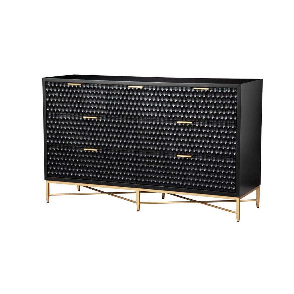 Rexi 56 Inch 7 Drawer Dresser, Honeycomb Pattern, Black Mahogany Wood, Gold