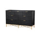 Rexi 56 Inch 7 Drawer Dresser, Honeycomb Pattern, Black Mahogany Wood, Gold