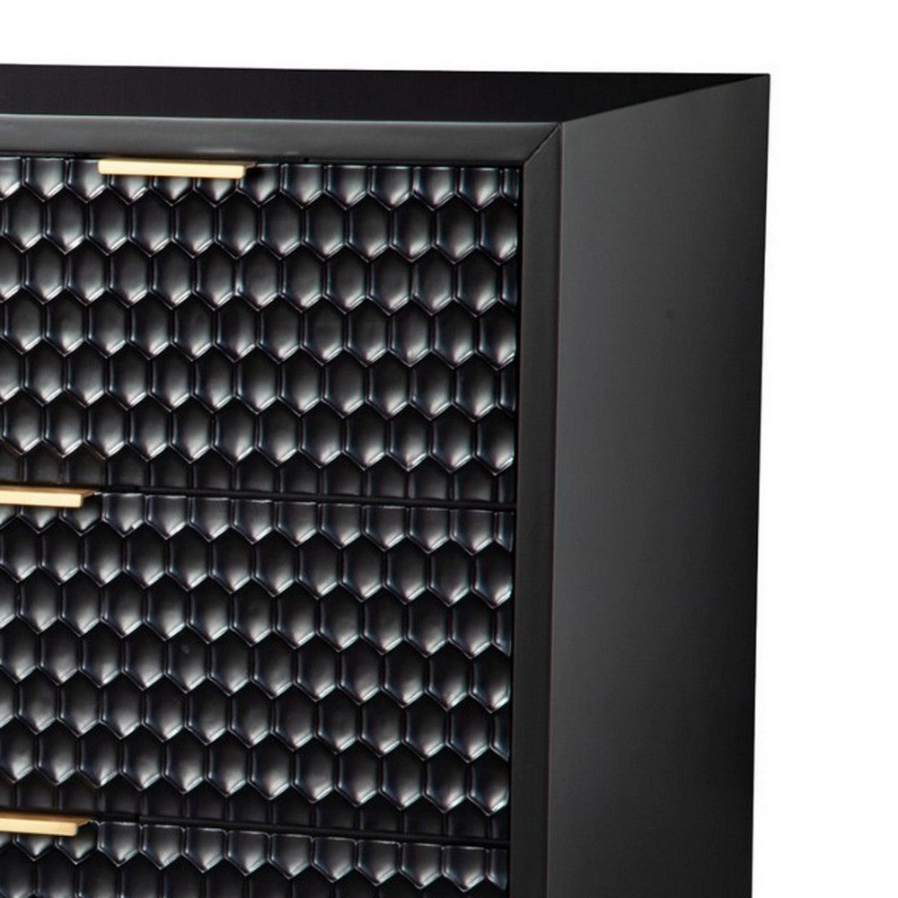 Rexi 56 Inch 7 Drawer Dresser, Honeycomb Pattern, Black Mahogany Wood, Gold