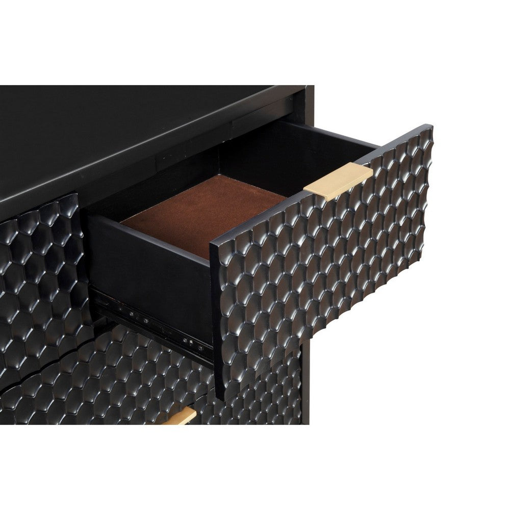 Rexi 56 Inch 7 Drawer Dresser, Honeycomb Pattern, Black Mahogany Wood, Gold