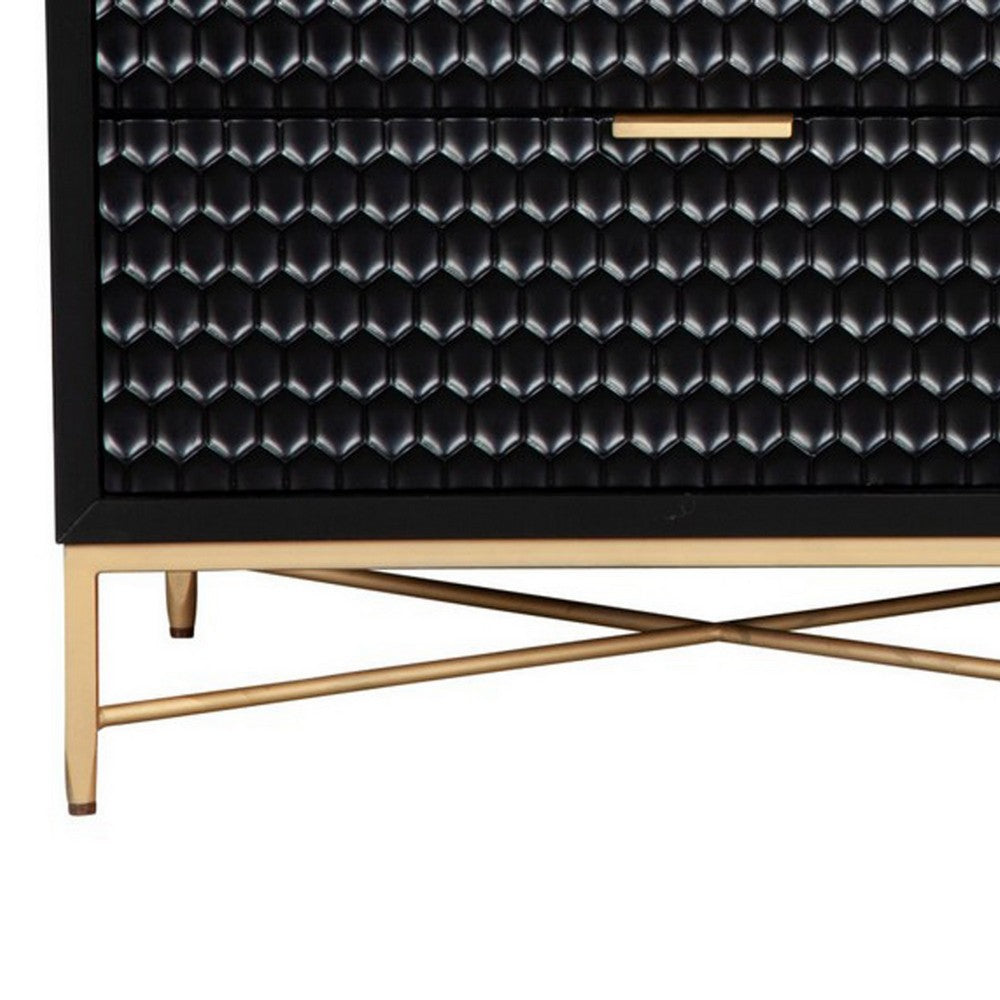 Rexi 56 Inch 7 Drawer Dresser, Honeycomb Pattern, Black Mahogany Wood, Gold