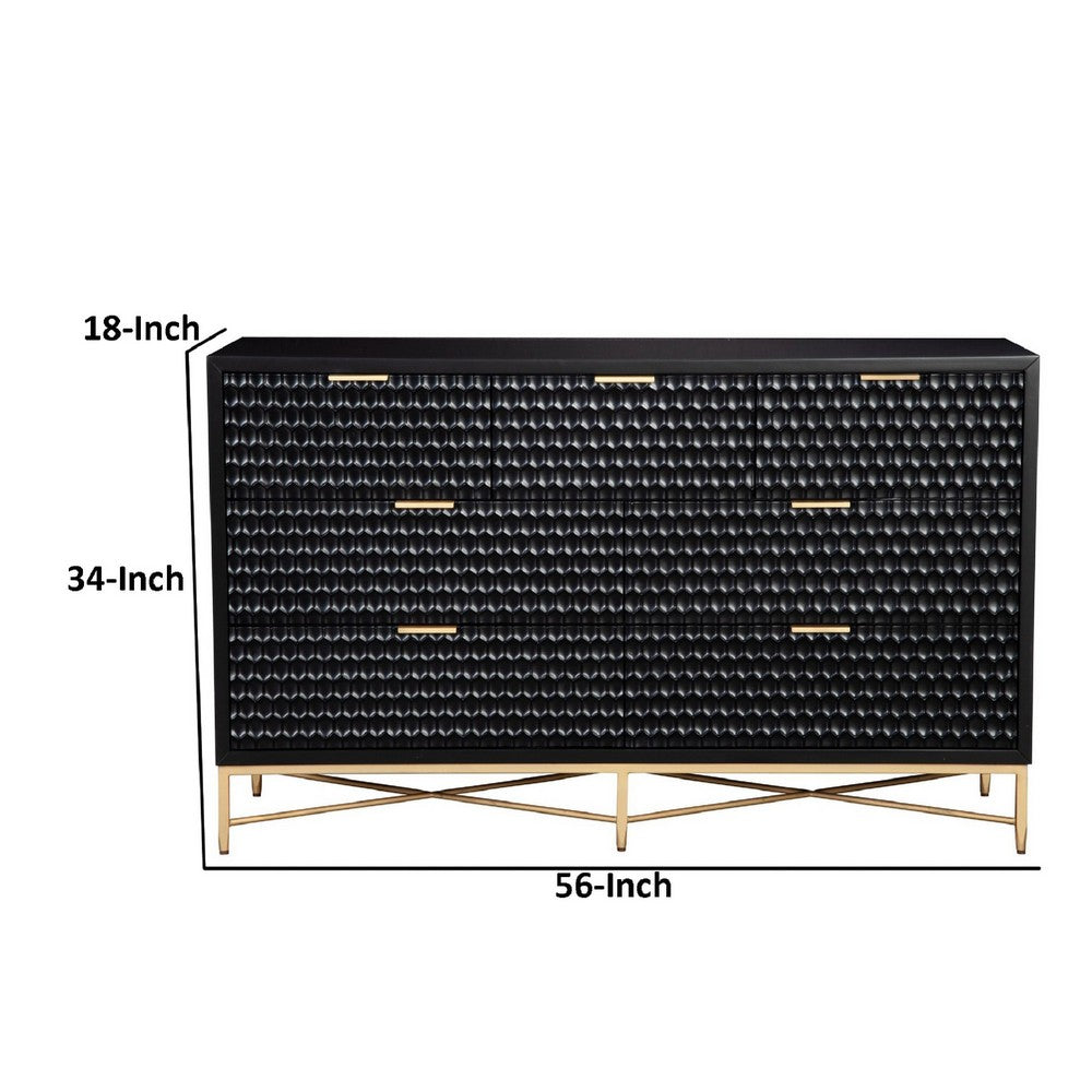 Rexi 56 Inch 7 Drawer Dresser, Honeycomb Pattern, Black Mahogany Wood, Gold