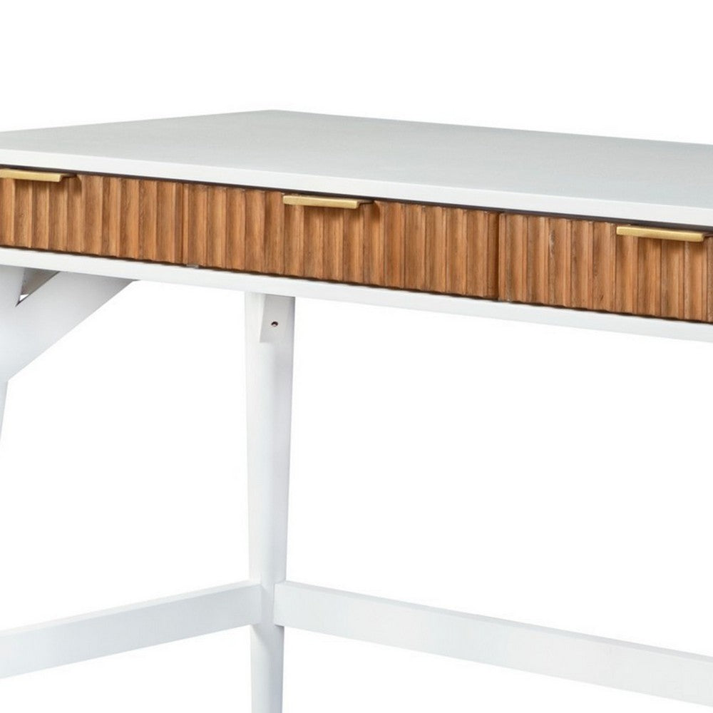 Eli 52 Inch 3 Drawer Home Office Desk, Mahogany Wood, White, Brown