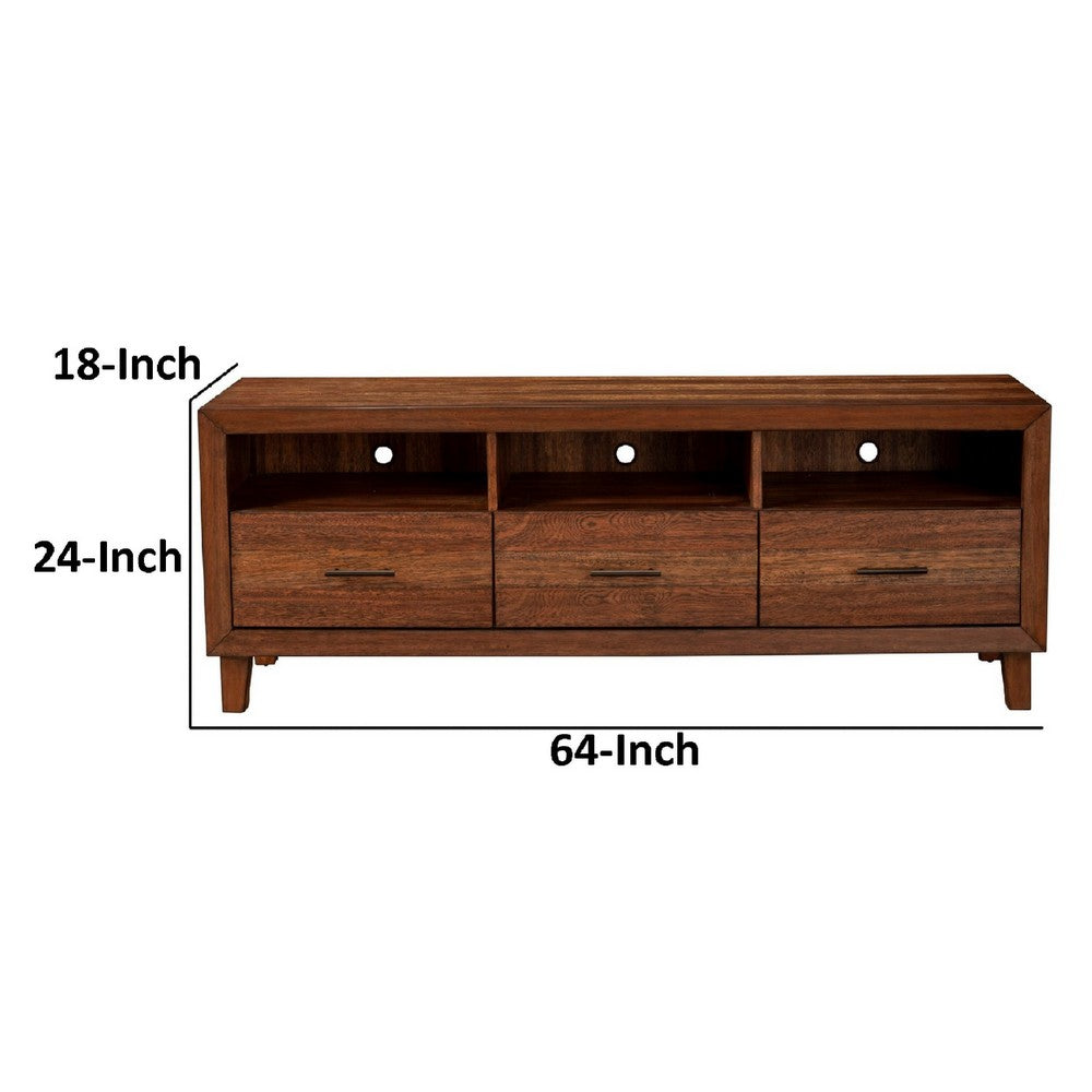 Paul 64 Inch TV Media Entertainment Center Console, 3 Cubbies, Warm Brown