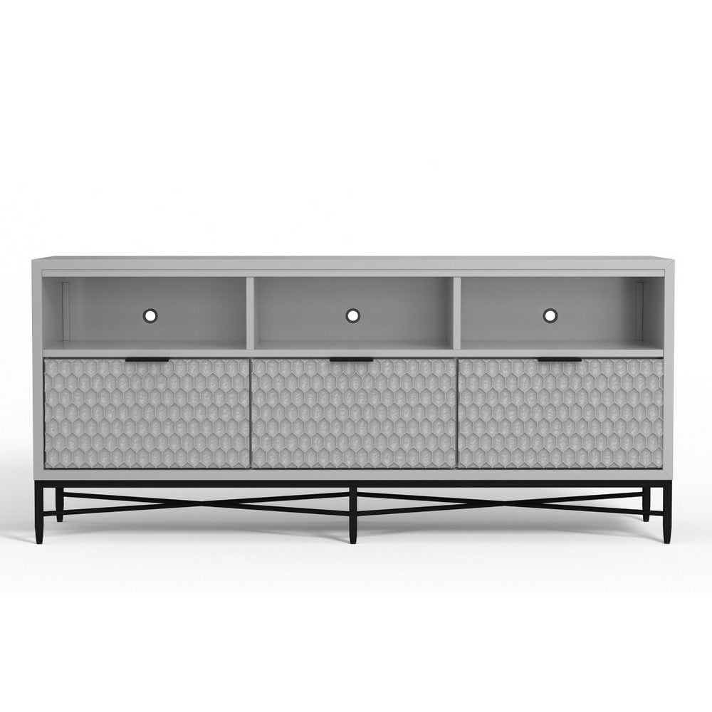 Rexi 64 Inch TV Media Entertainment Console, 3 Drawer, Light Gray, Black