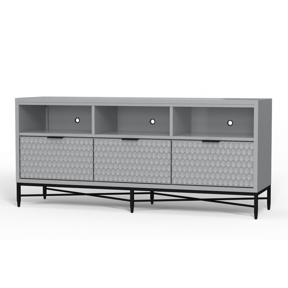Rexi 64 Inch TV Media Entertainment Console, 3 Drawer, Light Gray, Black
