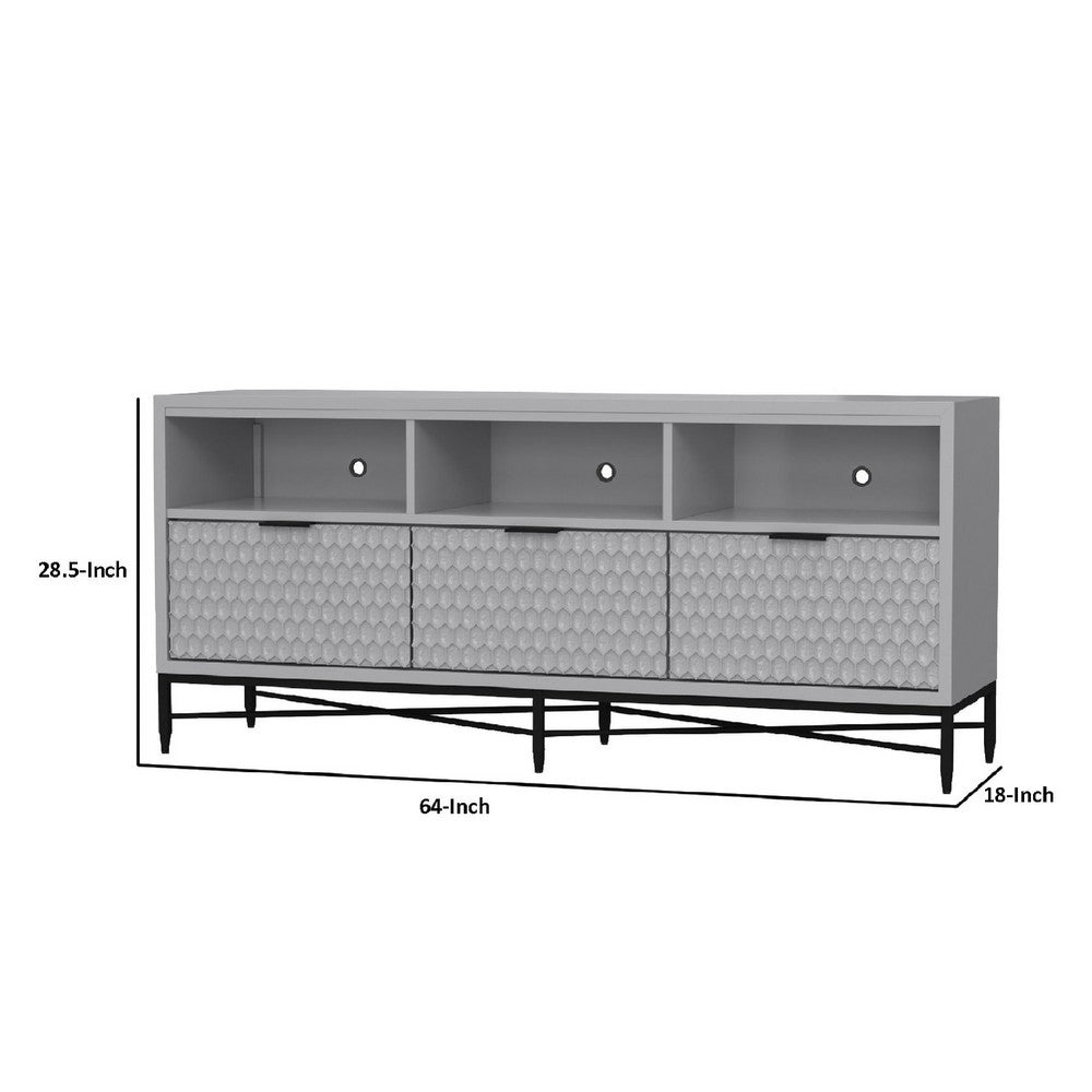 Rexi 64 Inch TV Media Entertainment Console, 3 Drawer, Light Gray, Black