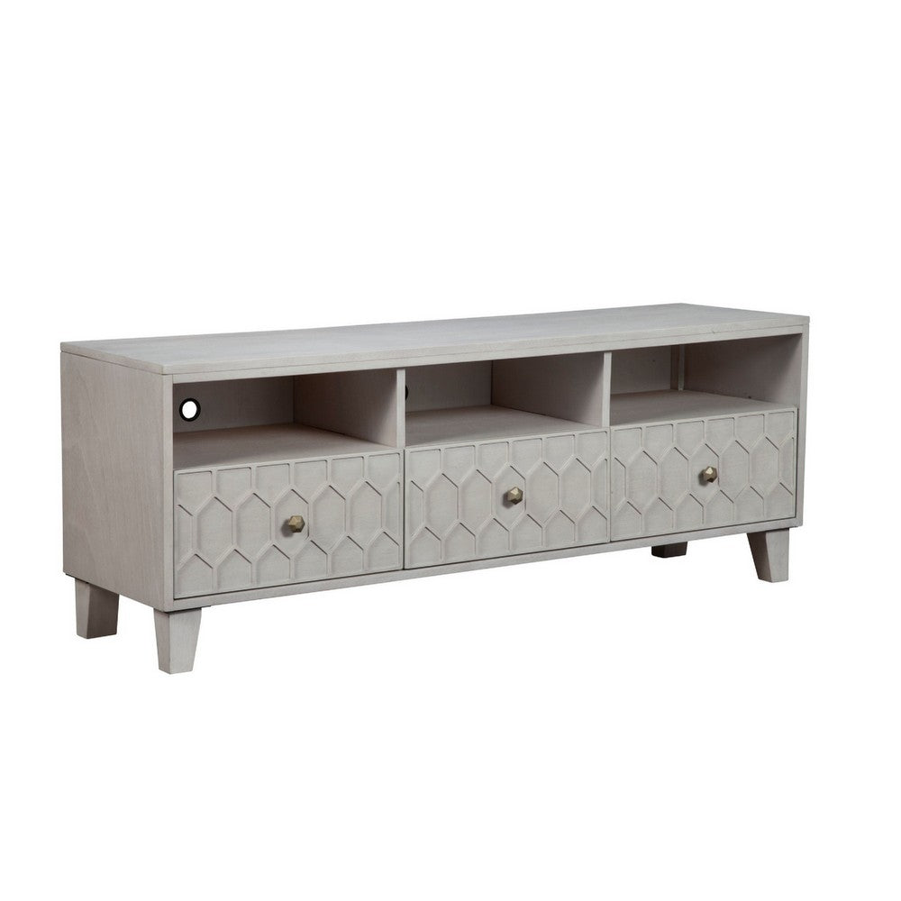 Rue 64 Inch 3 Drawer TV Media Entertainment Center, Honeycomb, Light Gray