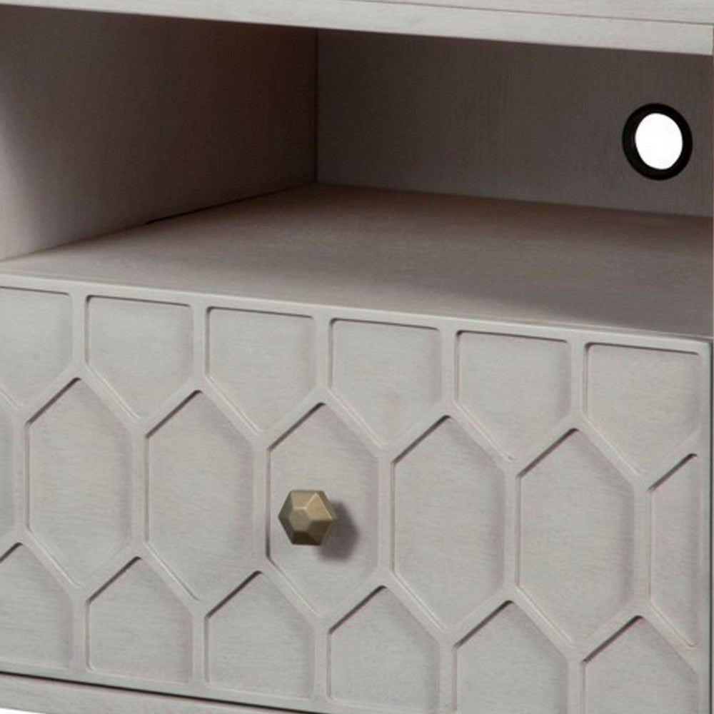 Rue 64 Inch 3 Drawer TV Media Entertainment Center, Honeycomb, Light Gray