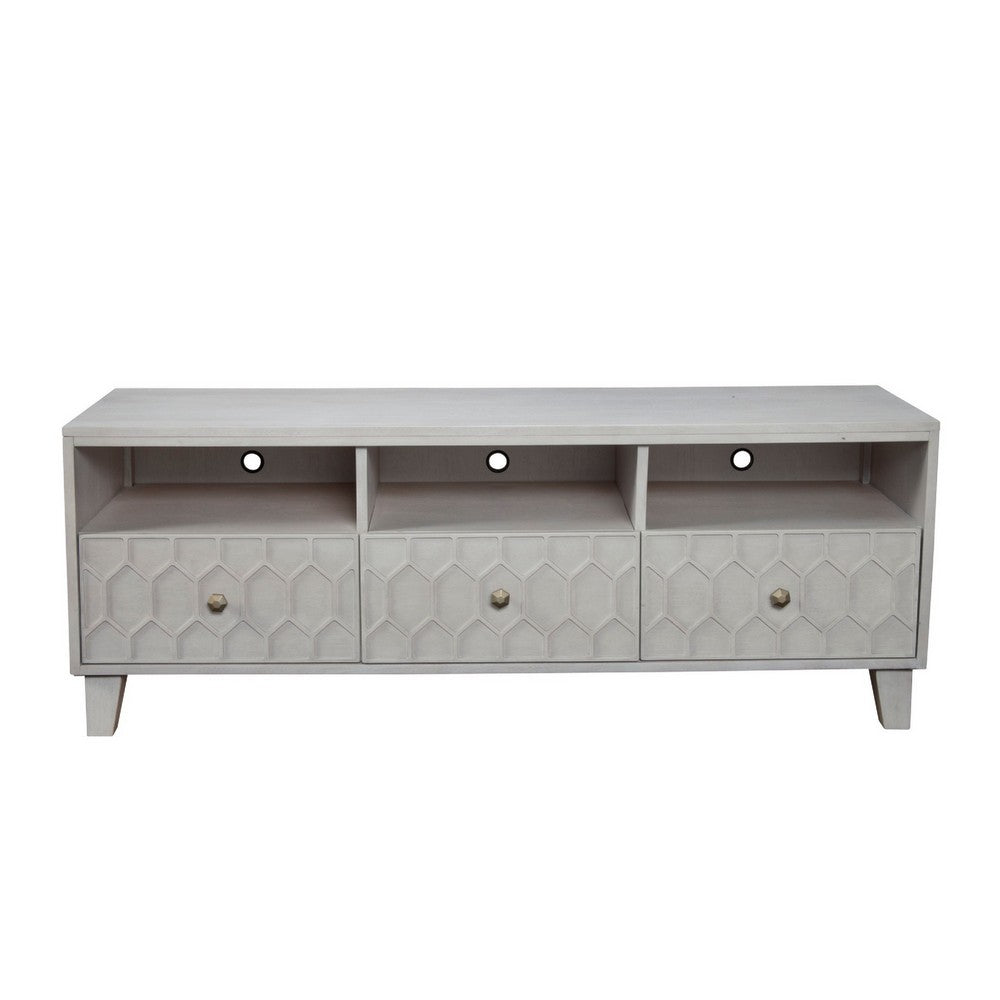 Rue 64 Inch 3 Drawer TV Media Entertainment Center, Honeycomb, Light Gray