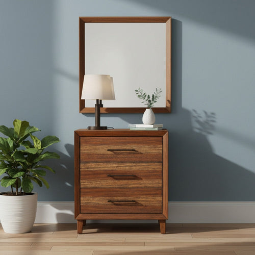 Paul Small Dresser Chest | 35" | 3 Drawers | Metal Bar Handles | Warm Brown