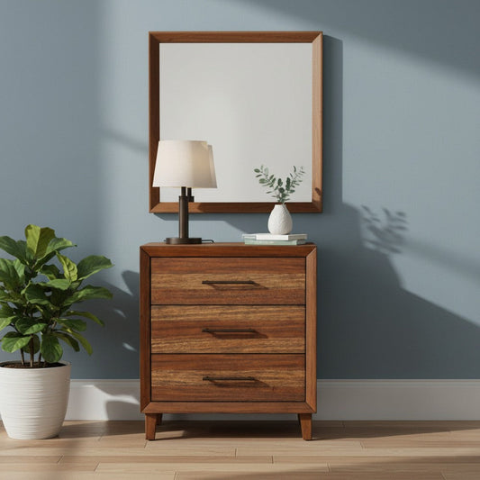 Paul Small Dresser Chest | 35" | 3 Drawers | Metal Bar Handles | Warm Brown