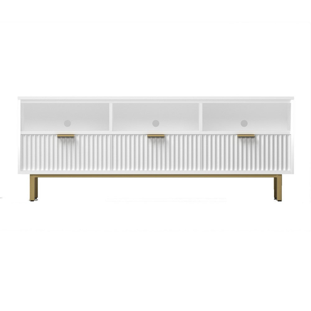 Beth 64 Inch TV Media Entertainment Center Console, 3 Drawers, White, Gold