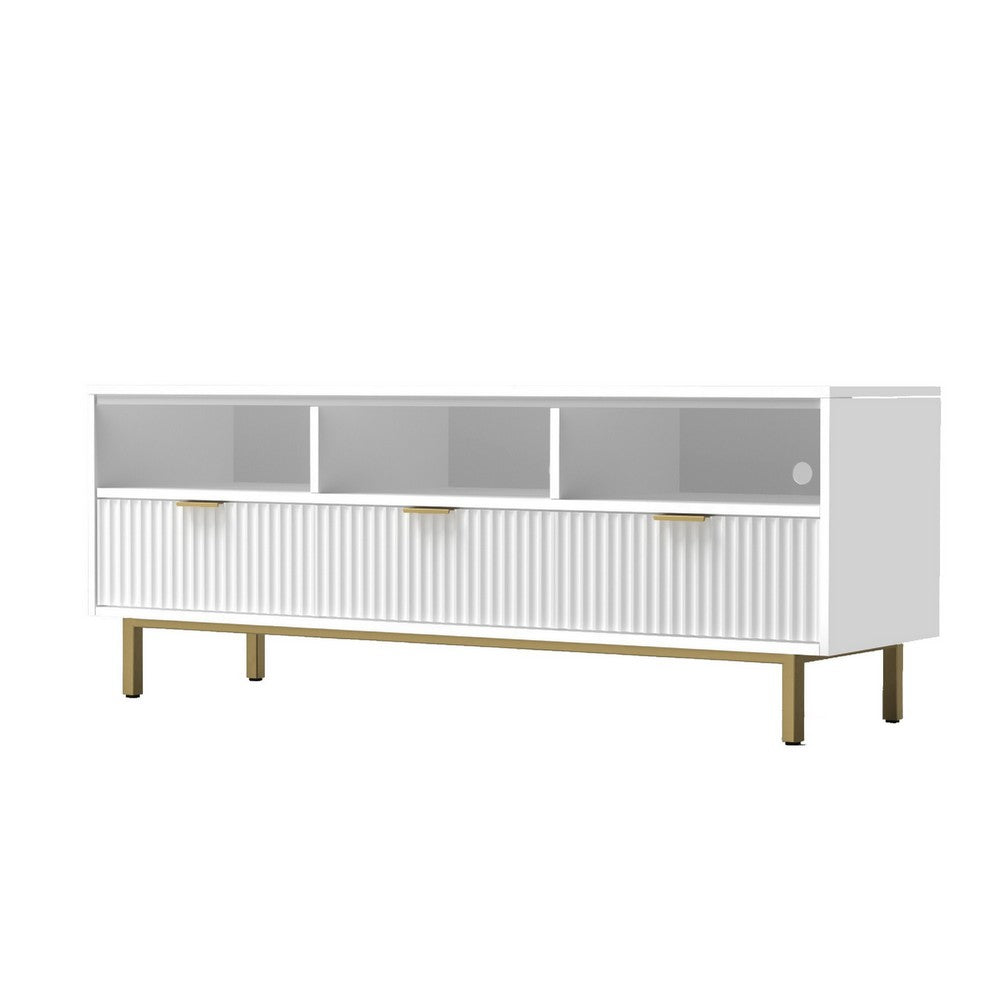 Beth 64 Inch TV Media Entertainment Center Console, 3 Drawers, White, Gold